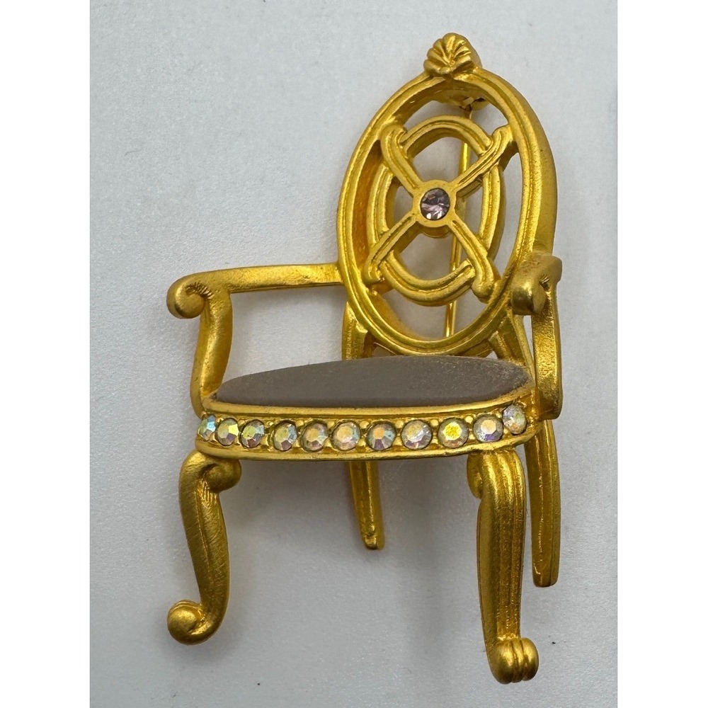 Bob Mackie Gold Tone Antique Aurora Armchair Brooch Crystal Chair Vintage Pin